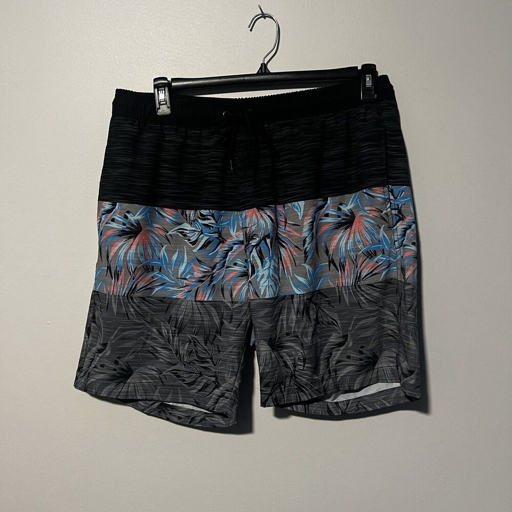 Hot Coals Size XL Swim Short Black Blue Print Beach Trunks Drawstring Casual